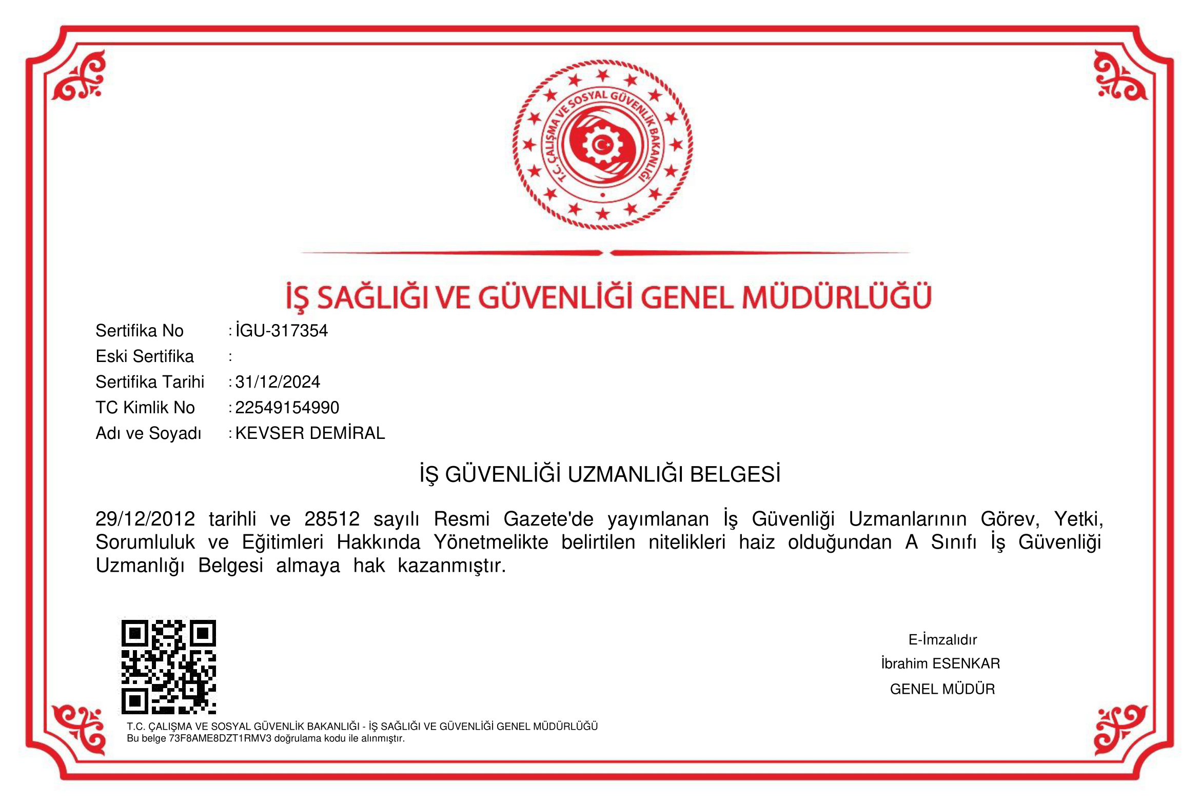 A Sınıfı Yangın Güvenliği Sertifikası